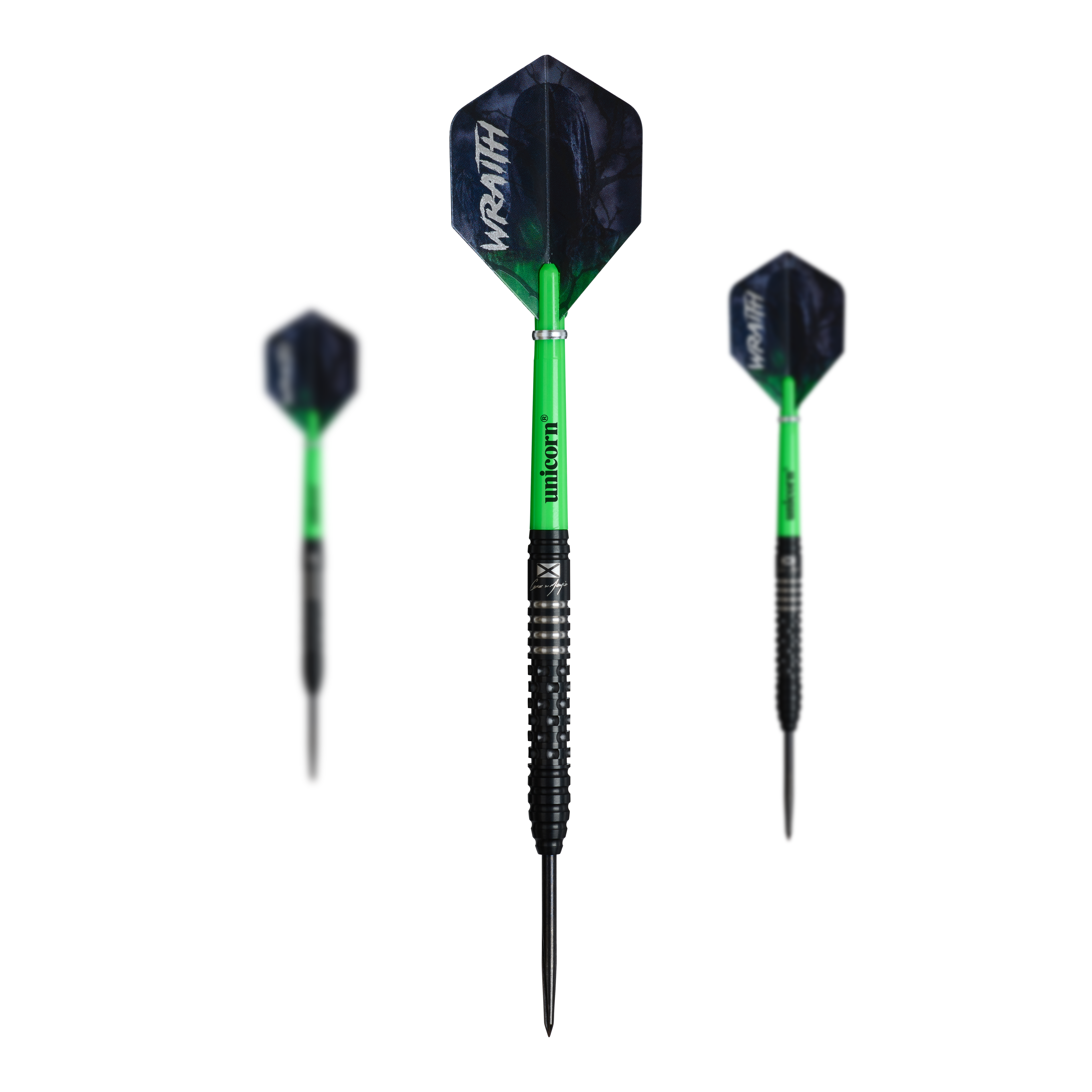 Auf dem Bild sind die Unicorn Wraith Cameron Menzies Steeldarts - 23g zu erkennen. Es handelt sich um ein Set mit Steeldarts in silberner Farbe.